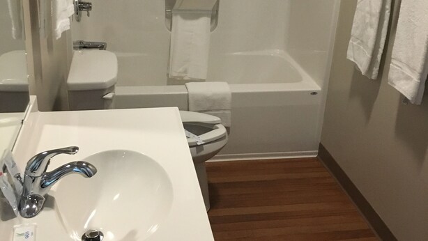 A bathroom with a white sink, toilet, and shower area. - Rolling Hills Lodge (Cherokee)