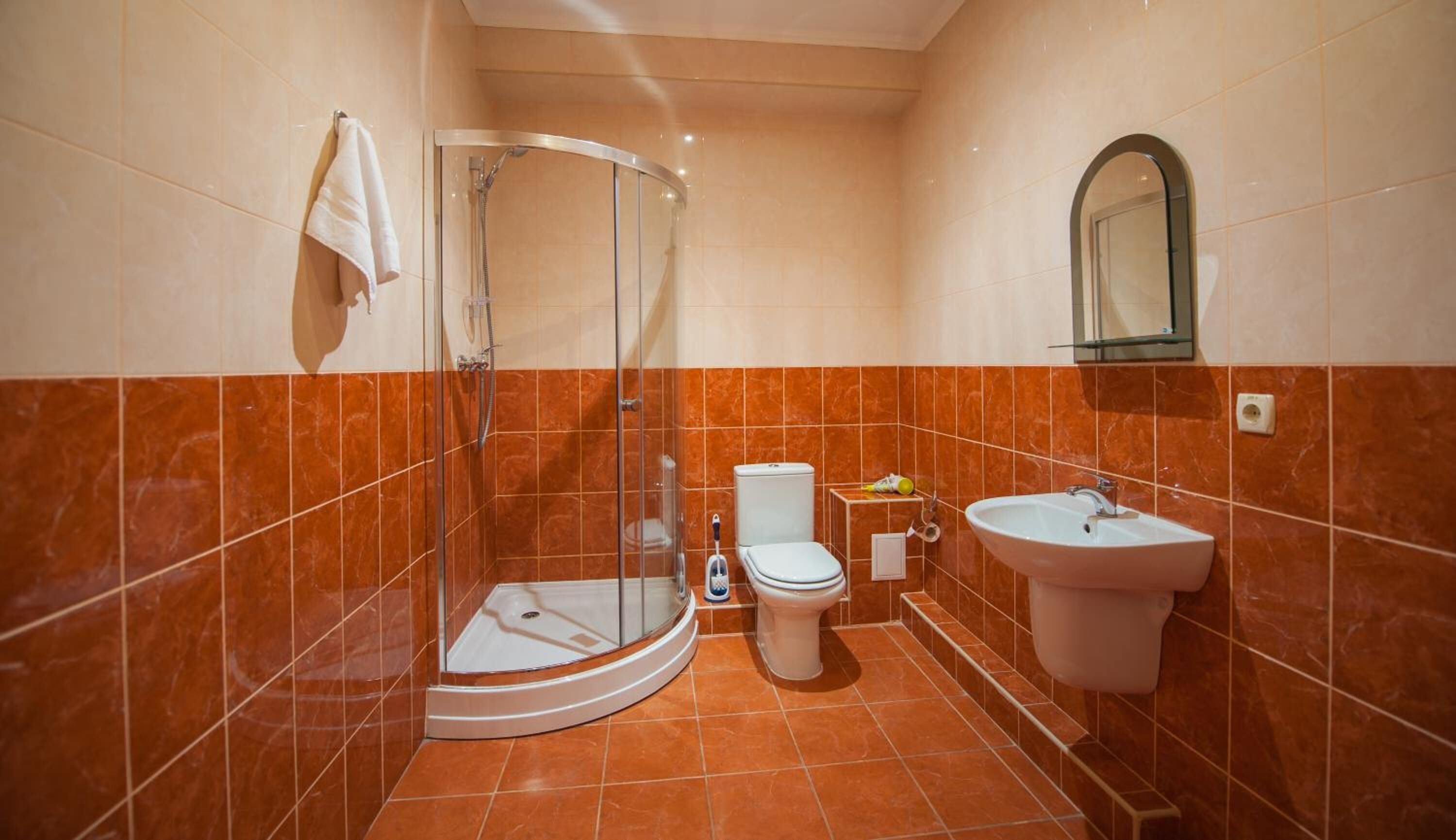 Ein Badezimmer mit Duschkabine, Toilette und Waschbecken.