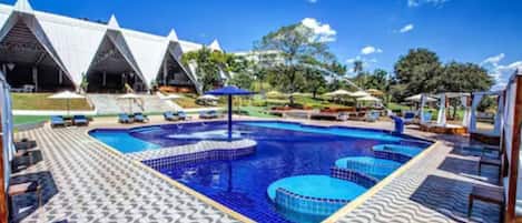 2 indoor pools, 2 outdoor pools, pool umbrellas, pool loungers