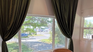 A room with two brown leather chairs, a window with green curtains, and a view of a parking lot and trees outside.