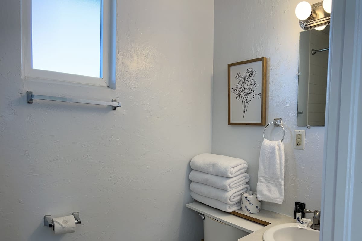 Hydromassage showerhead, free toiletries, hair dryer, towels