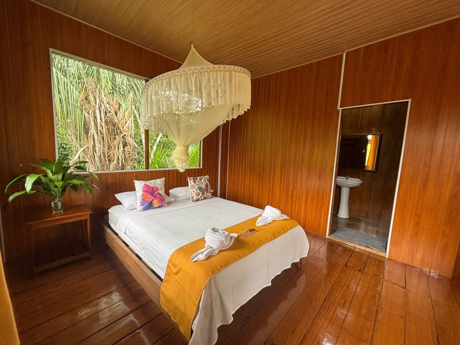 Una habitación de madera con cama, una mesita de noche con planta, ventana con vistas a zonas verdes y baño con lavabo y espejo.