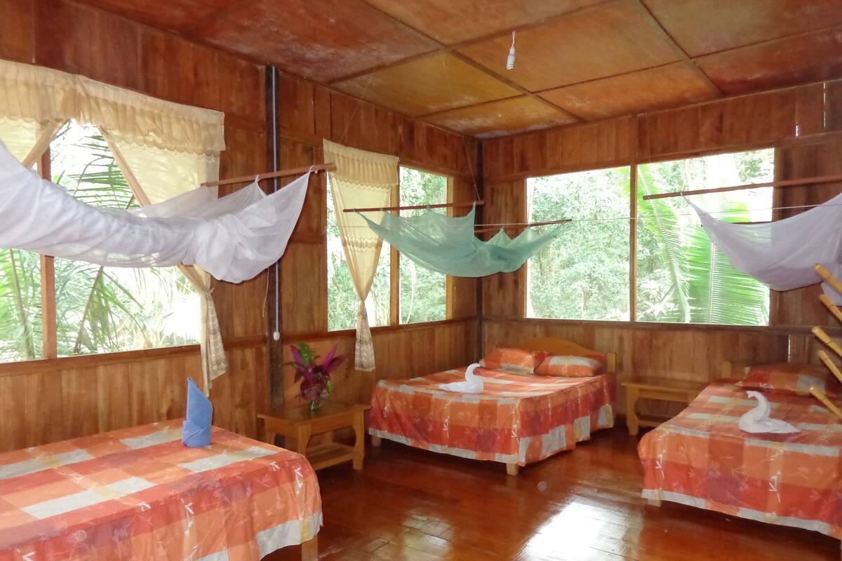 Una habitación con paredes y suelos de madera, dos camas con colchas florales, una mesita con un jarrón y una hamaca.