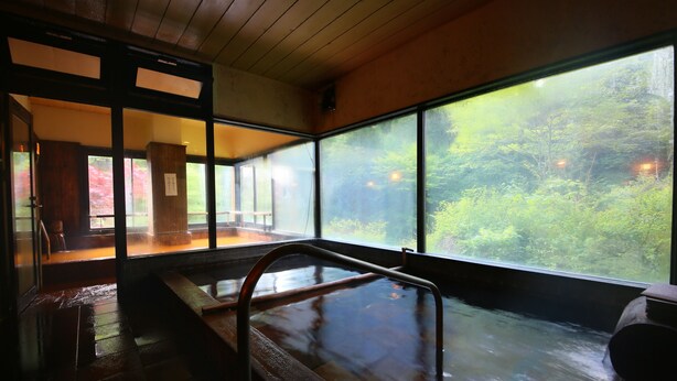 Un bain thermal avec des bancs en bois et une rambarde en métal, de grandes fenêtres offrant une vue sur une zone boisée.