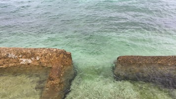A clear view of a rocky shoreline with shallow water.