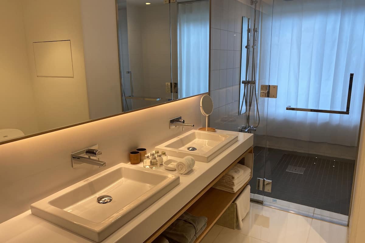 eco-friendly toiletries, hair dryer, slippers, electronic bidet