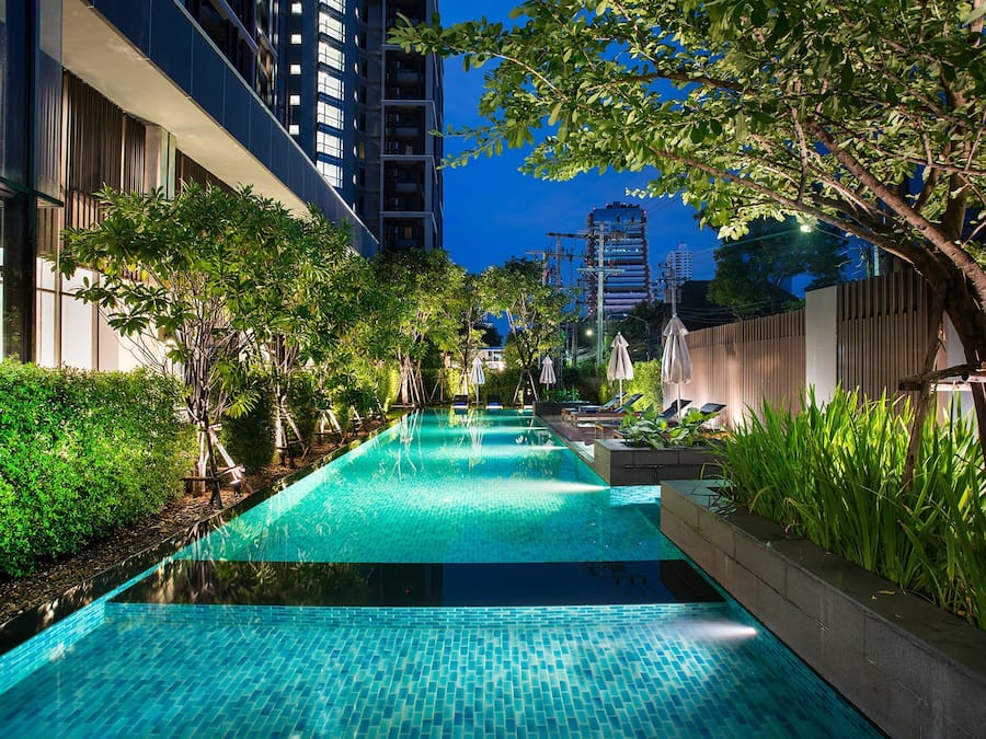 Outdoor pool, pool umbrellas, pool loungers