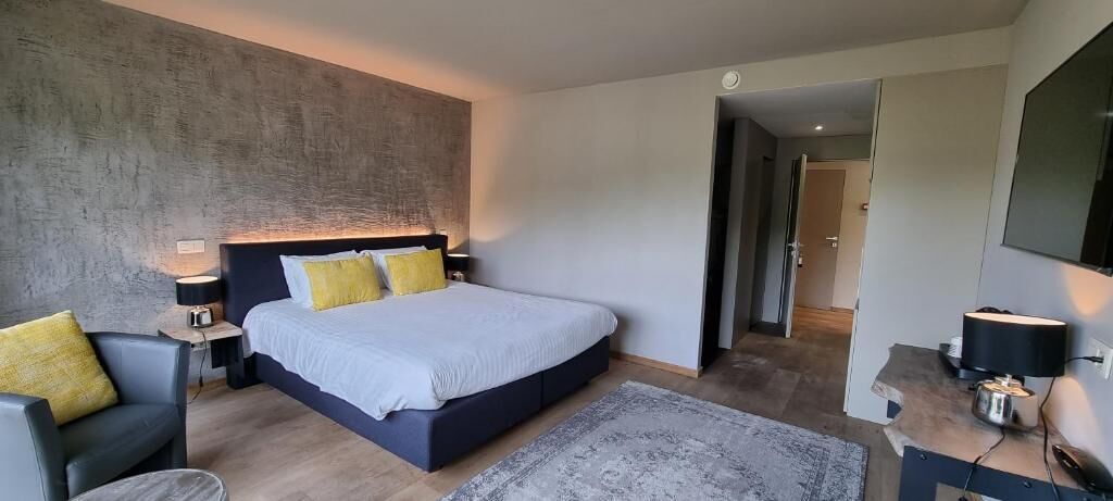 A modern bedroom with a large bed, bedside tables, a chair, and a TV.