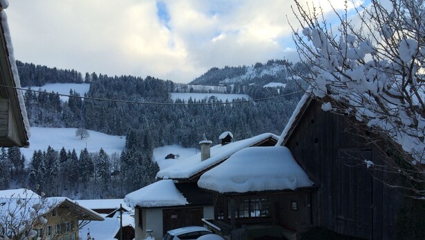 A snow-covered wooden house with a visible chimney, surrounded by a snowy landscape and a forested hill in the background. - 200 Year Old Swiss House (Erlenbach im Simmental)