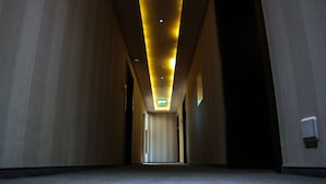 A long, narrow hallway with a carpeted floor and a ceiling with recessed lighting. - Hotel Sokołowska (Nowy Dwor Mazowiecki)