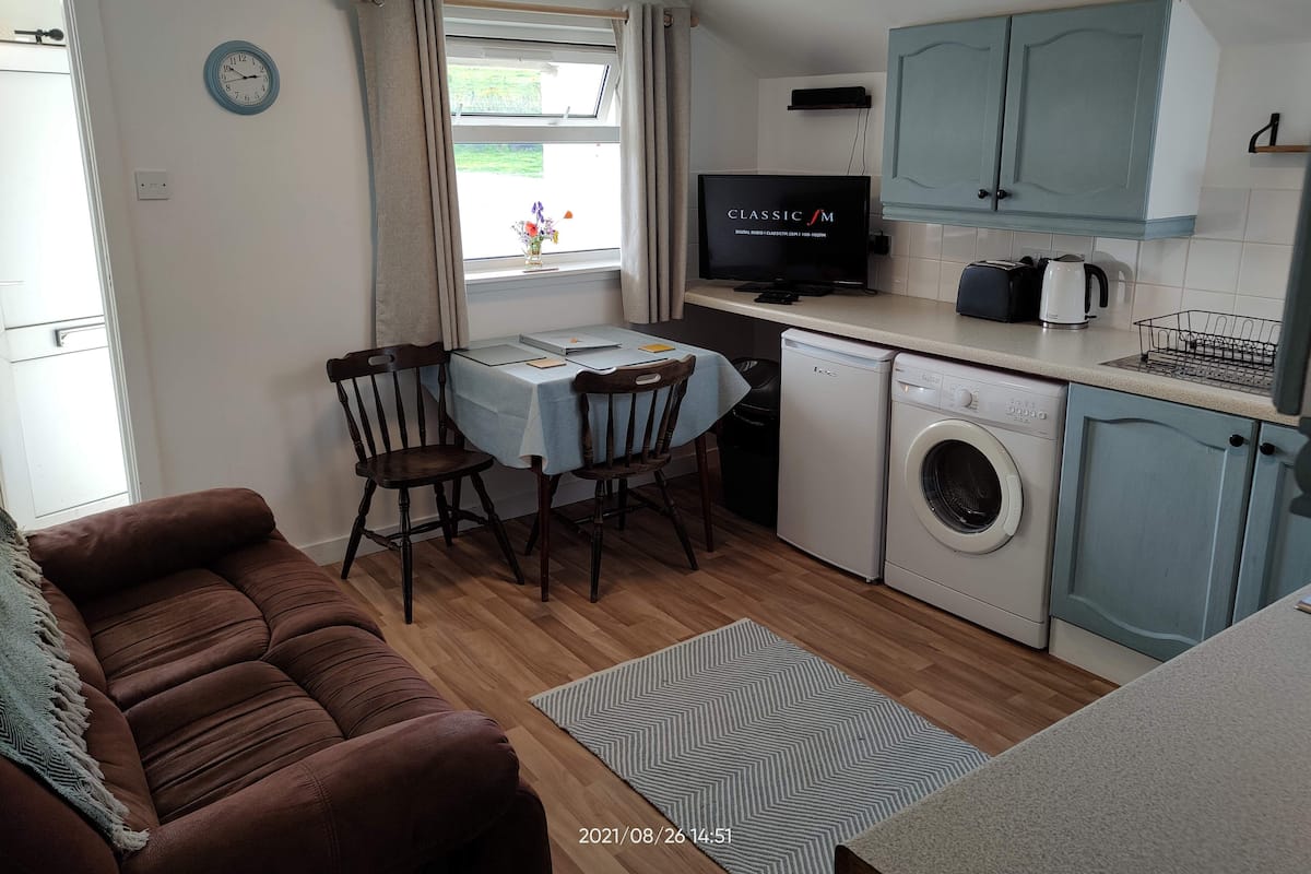 A compact living space with a sofa, dining table, chairs, a washing machine, a television, and a kitchen area with cabinets and a window.