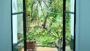 An open doorway leading to a garden with a tiled floor and a potted plant. - Hotel La Posada (Paipa)