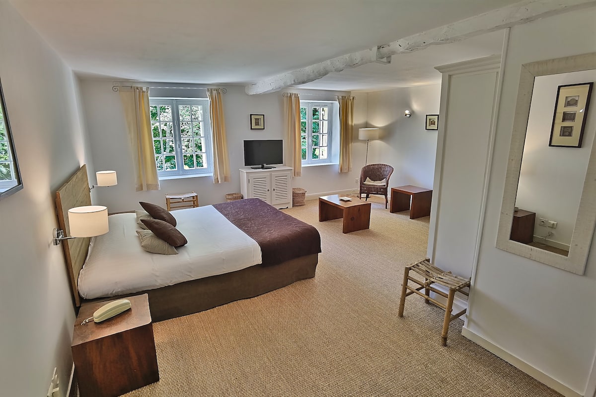 Habitación de hotel con cama, televisión, silla, escritorio y ventana con cortinas.