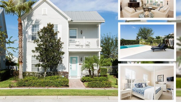 A two-story white house with a balcony, a pool, and a bedroom with a four-poster bed. - Villa The Nantucket at Patriots Landing 3 Bedroom Reunion (Kissimmee)