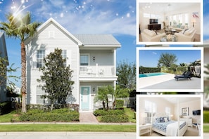 A two-story white house with a balcony, a pool, and a bedroom with a four-poster bed. - Villa The Nantucket at Patriots Landing 3 Bedroom Reunion (Kissimmee)