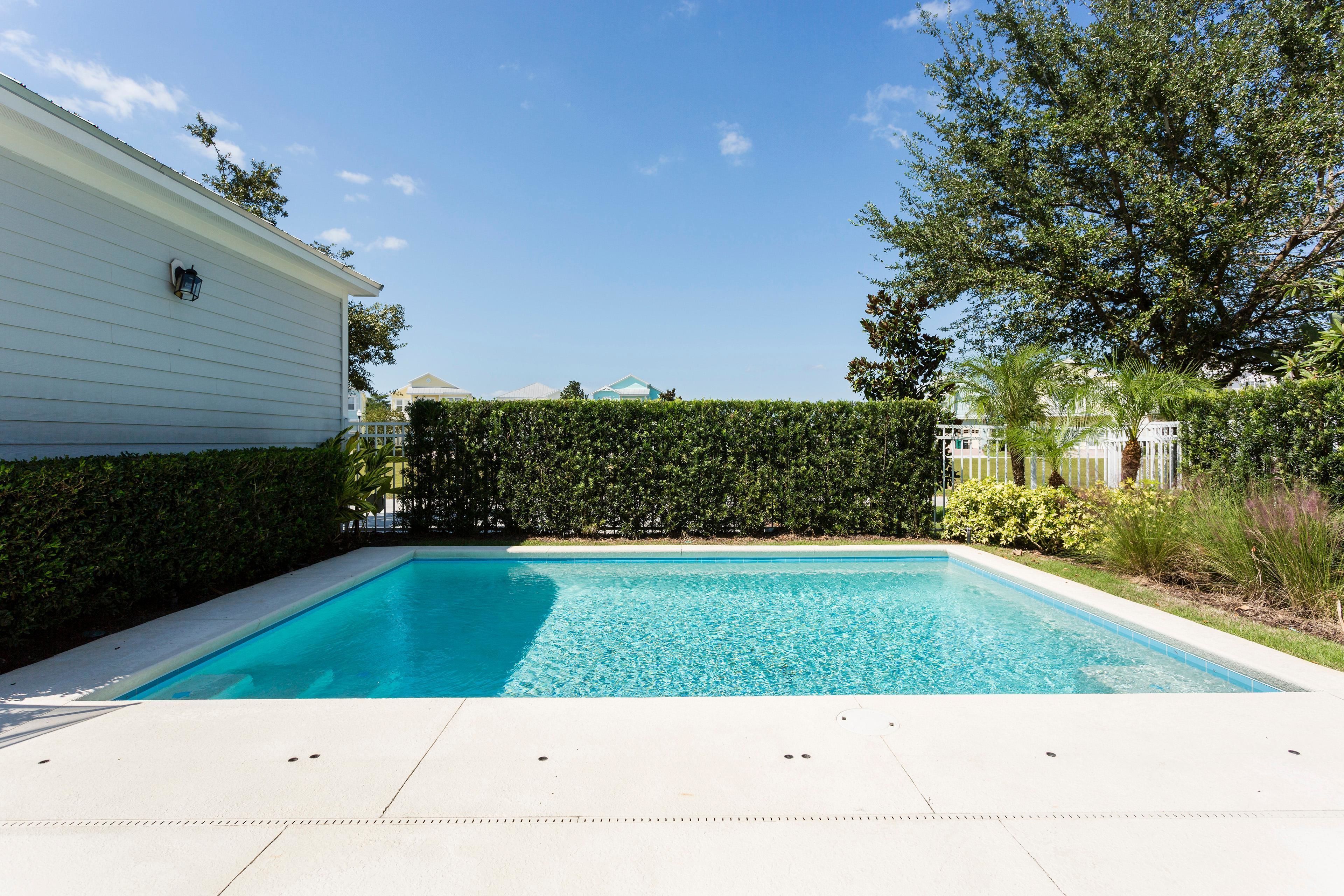 A rectangular swimming pool with clear blue water, surrounded by a white deck and a hedge.