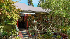 A garden center with a wooden deck and various plants. - Volcano Artist Cottage (Volcano)