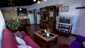 A living room with a sofa, a coffee table, and a television. - Casa Rural Sofia (Hermigua)