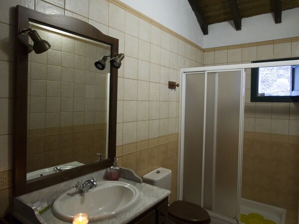 A bathroom with a sink, mirror, and toilet. - Casa Rural Sofia (Hermigua)