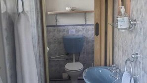 A bathroom with a toilet, sink, and shower area. - Bluewater Reservations (Gqeberha (Port Elizabeth))