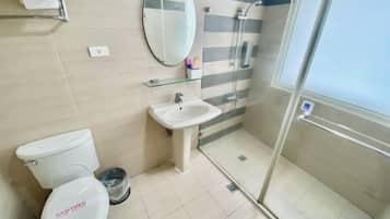 Baño con inodoro, lavamanos y zona de ducha.