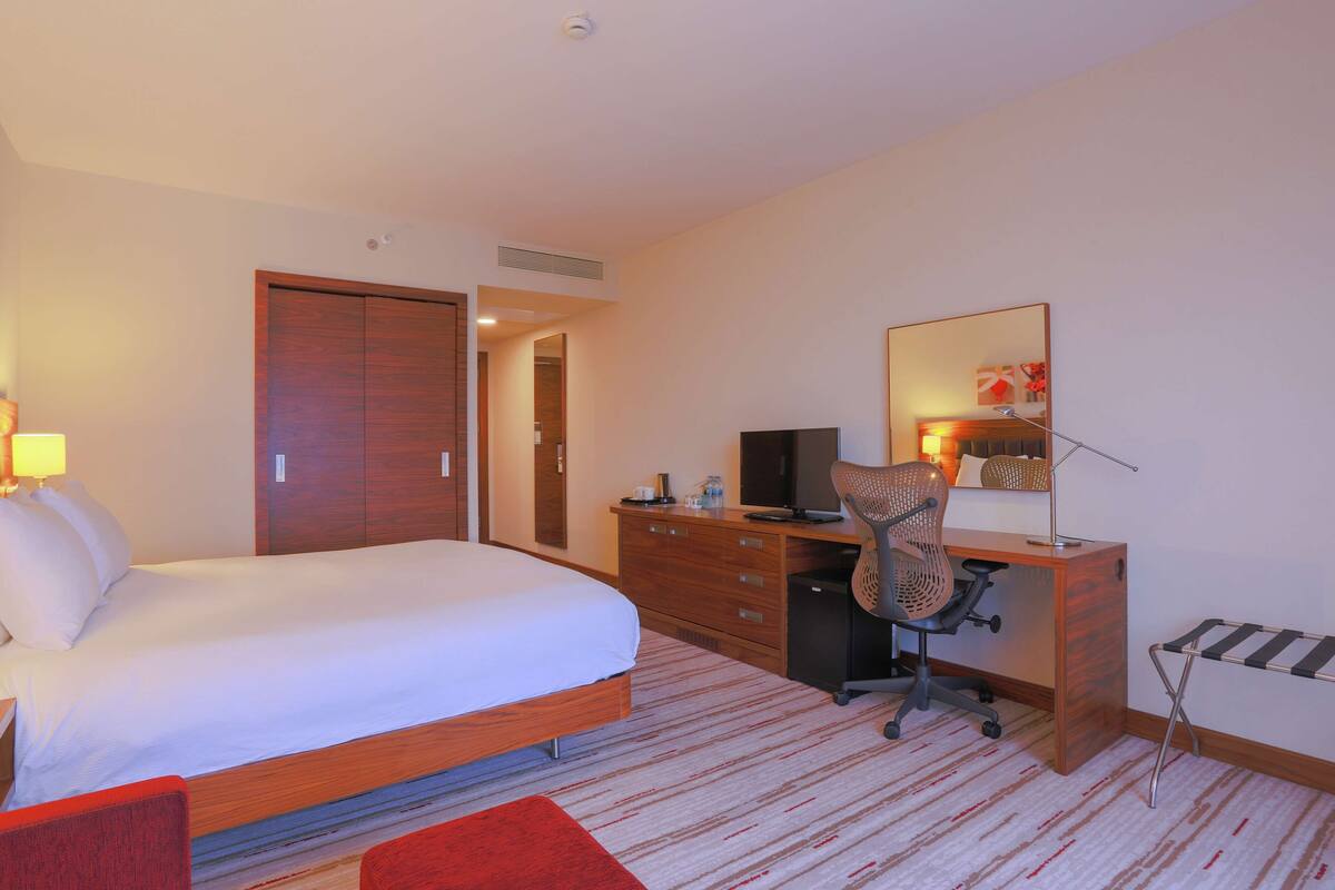 Habitación de hotel con cama, escritorio, silla, televisor y espejo.