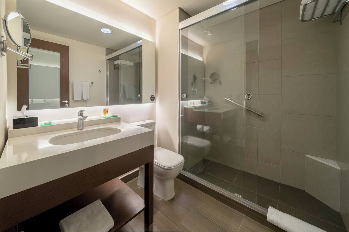 shower, rainfall showerhead, free toiletries, hair dryer