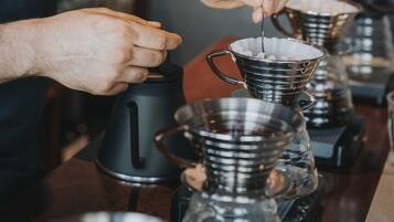 Una persona preparando café con una cafetera y varias tazas de café.