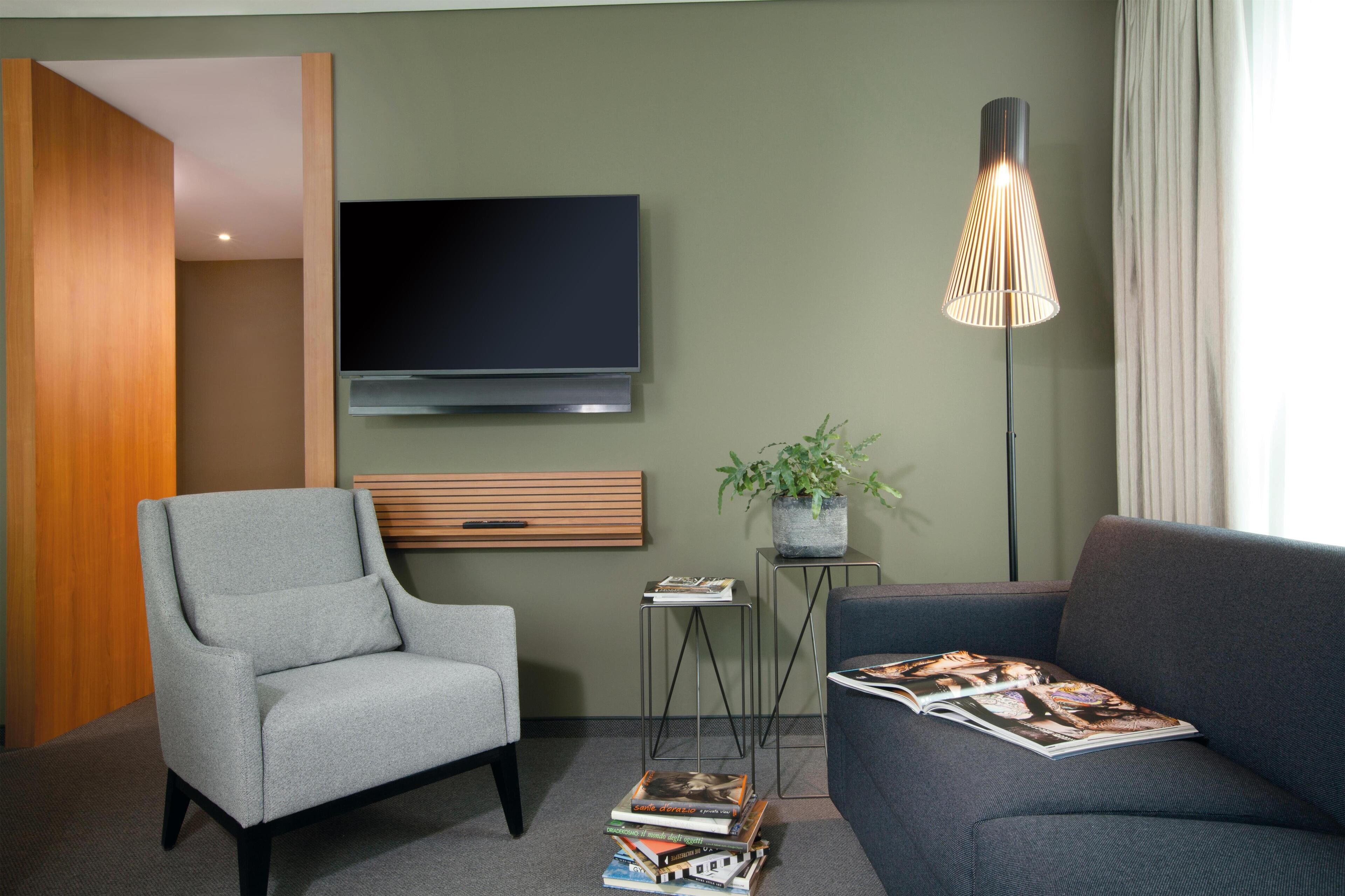 A modern living room with a grey armchair, a dark sofa, a flat-screen TV, a floor lamp, a small table with a plant, and a stack of magazines.