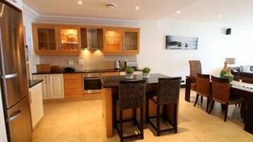 Full-sized fridge, microwave, oven, stovetop