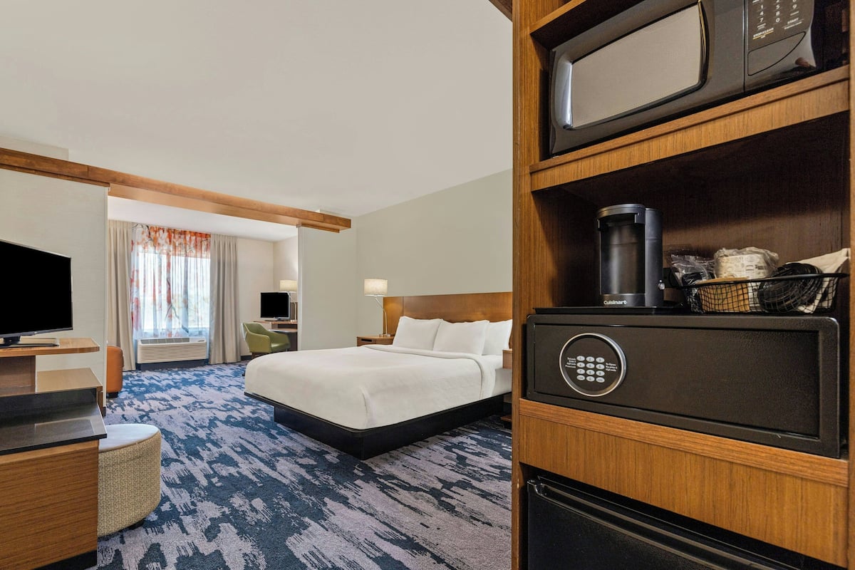 A hotel room with a bed, a television, a microwave, and a minibar.