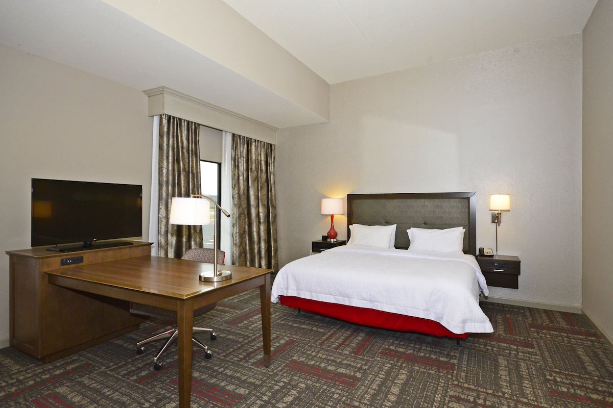 Quarto de hotel com cama, escrivaninha, televisão e duas luminárias de cabeceira.
