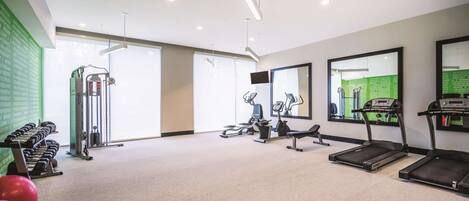 A modern gym with treadmills, exercise bikes, and free weights.