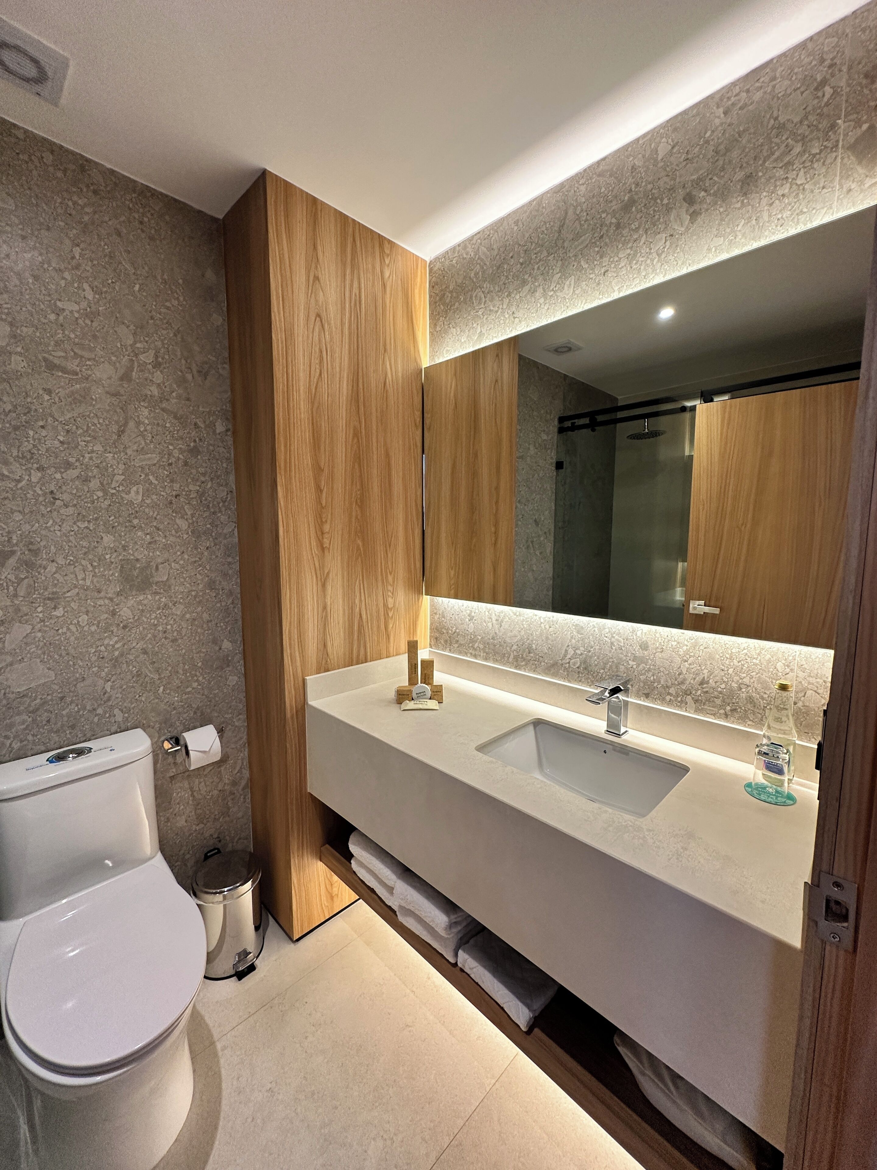 A modern bathroom with a wooden vanity, a large mirror, and a white sink.