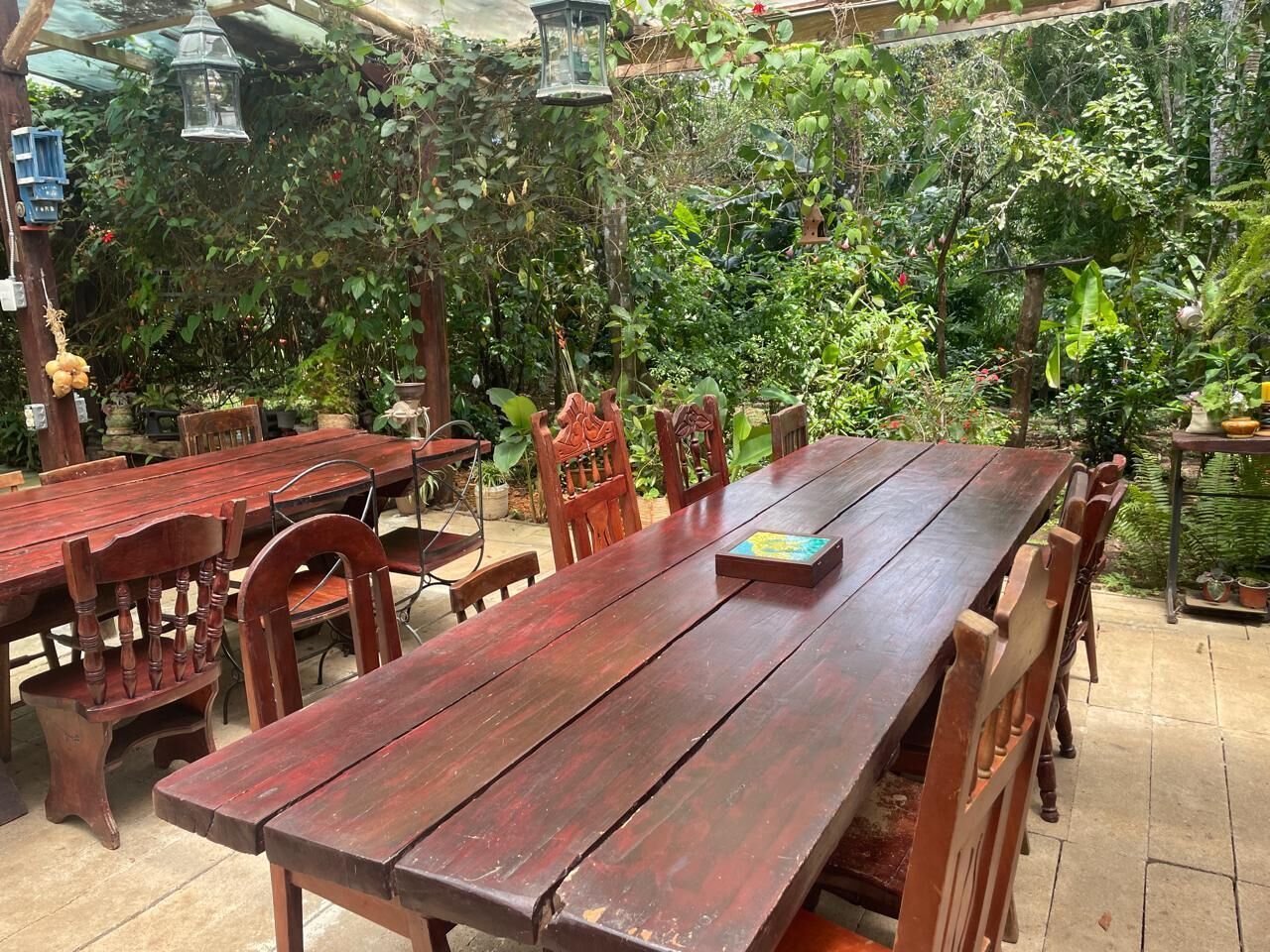 Una mesa de madera al aire libre con sillas, rodeada de exuberante follaje y faroles colgantes.