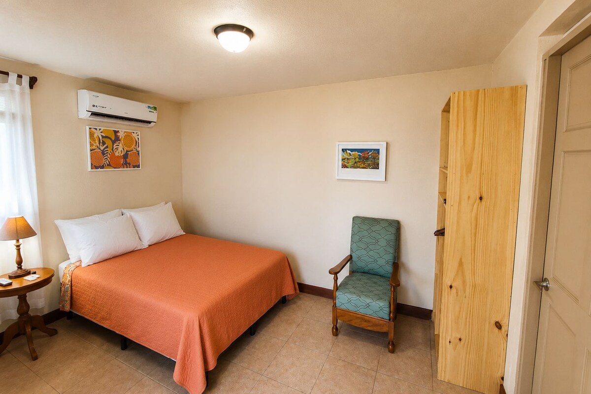 Quarto de hotel com uma cama, uma cadeira, um aparelho de ar condicionado e uma porta.