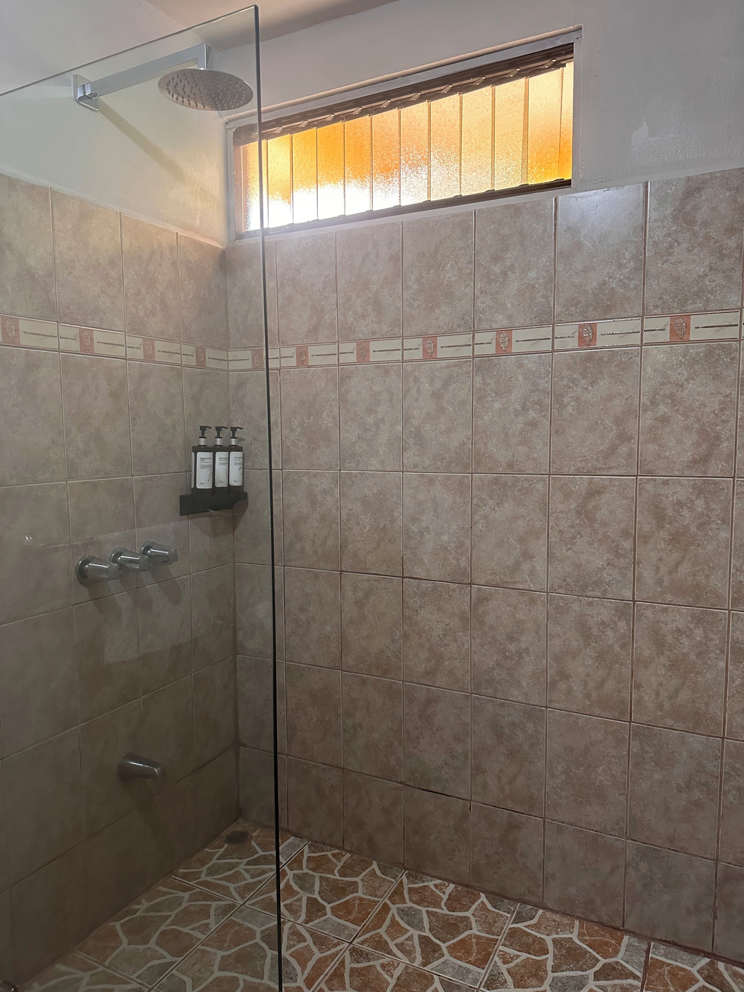 A glass-enclosed shower with a handheld showerhead, a small shelf with toiletries, and a window with frosted glass.
