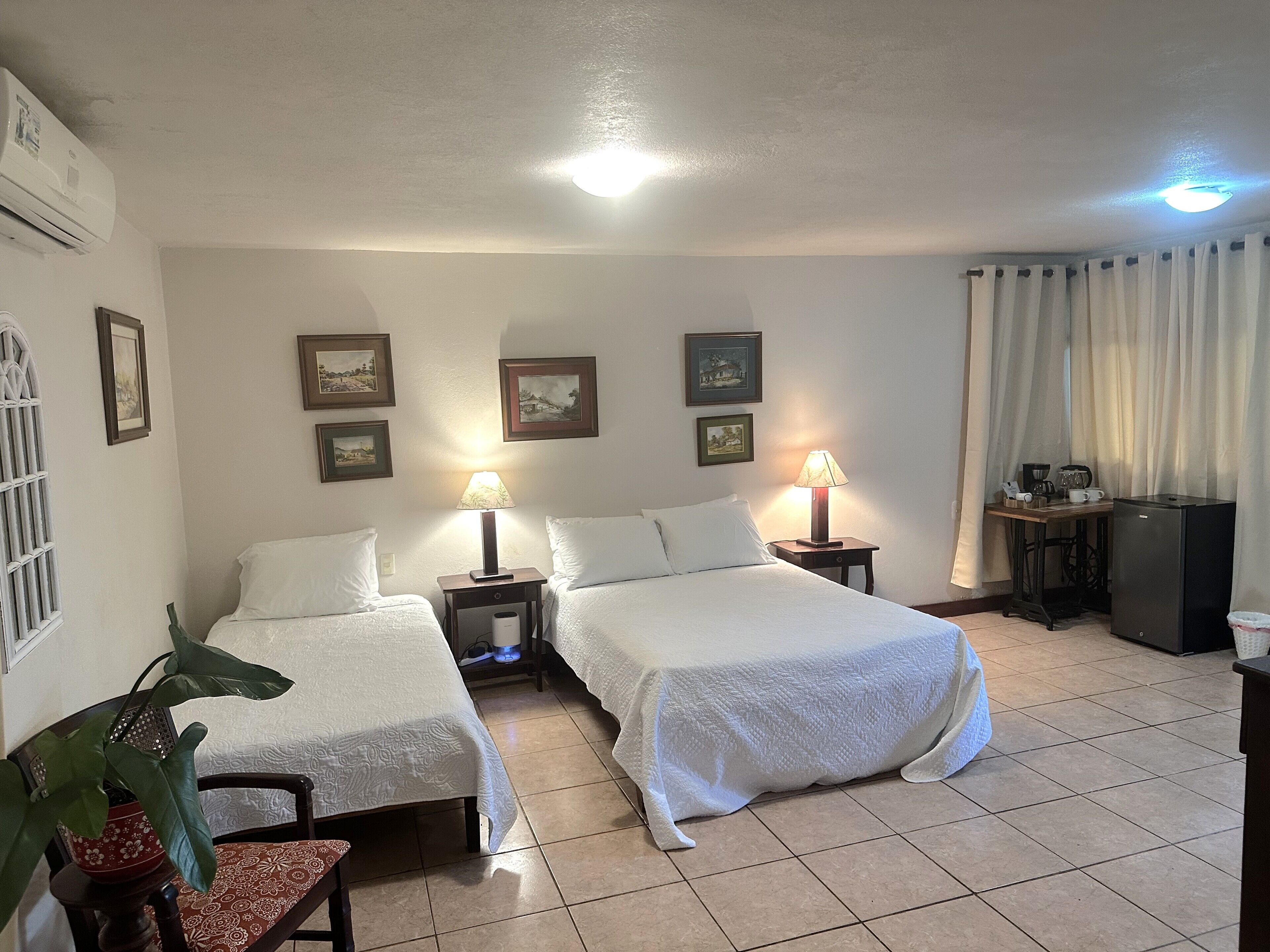 Une chambre d’hôtel avec deux lits, un bureau, un réfrigérateur et une plante en pot.