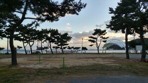 Ein Park mit Bäumen, einer Sandfläche und einem großen weißen Gebäude im Hintergrund.