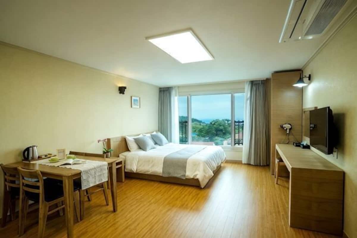 Habitación de hotel con cama, escritorio, silla, televisor y ventana con vistas.