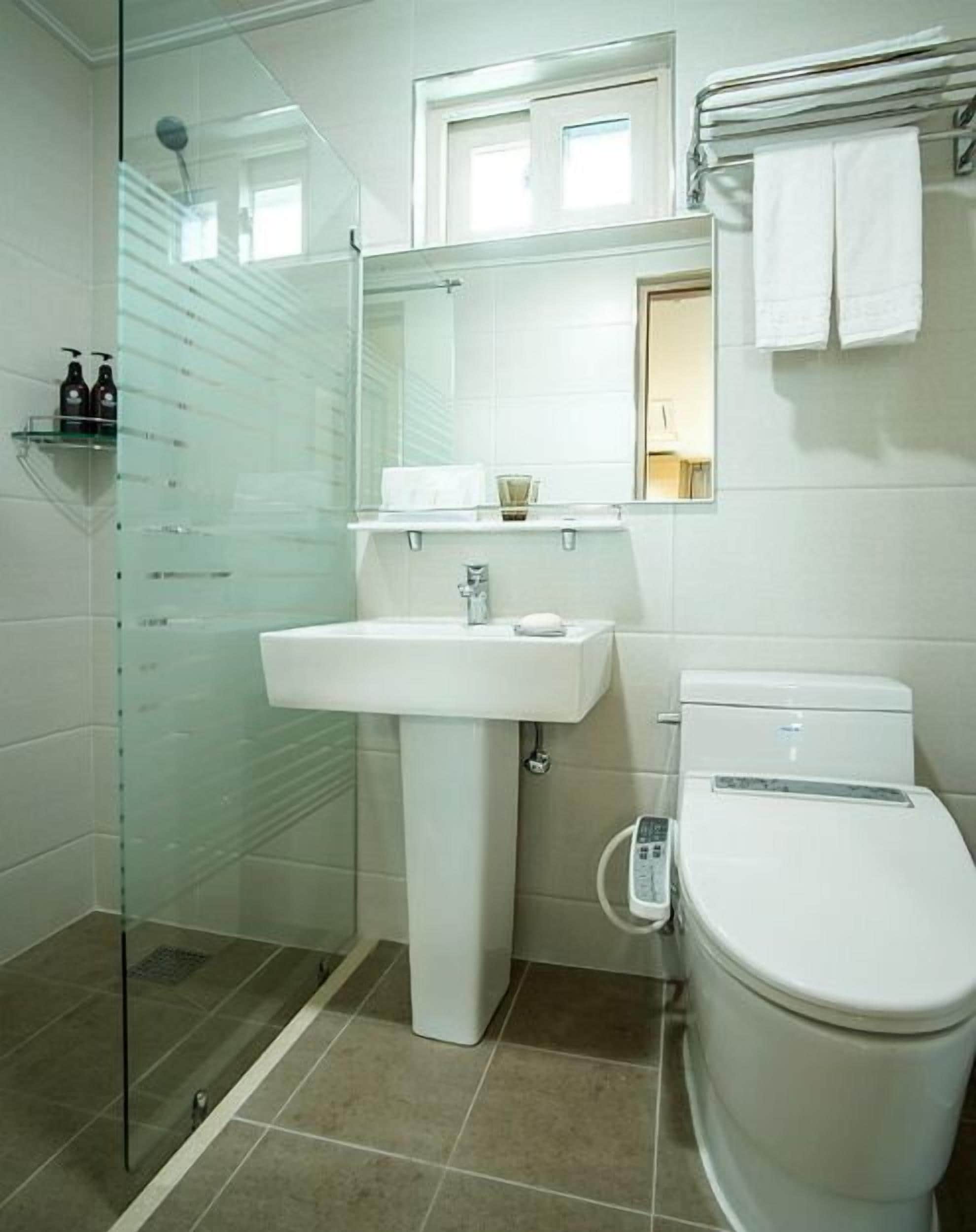 shower, free toiletries, hair dryer, towels