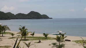 Una spiaggia con una barca, palme e un'isola all'orizzonte.