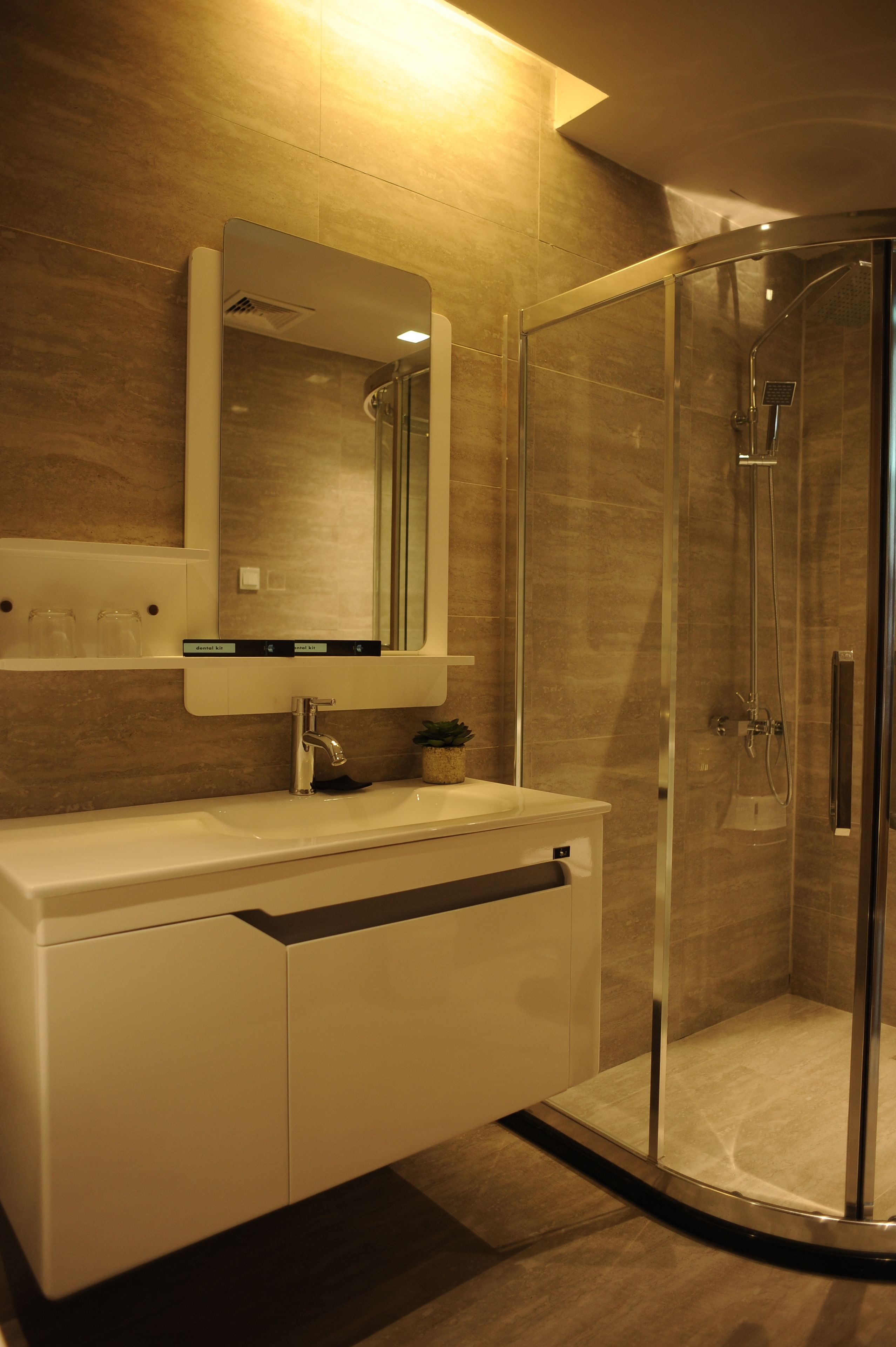 Un baño moderno con ducha envuelta en vidrio, tocador blanco con espejo y una planta pequeña sobre el mostrador.