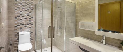 A modern bathroom with a glass shower enclosure, a toilet, a sink, and a mirror.