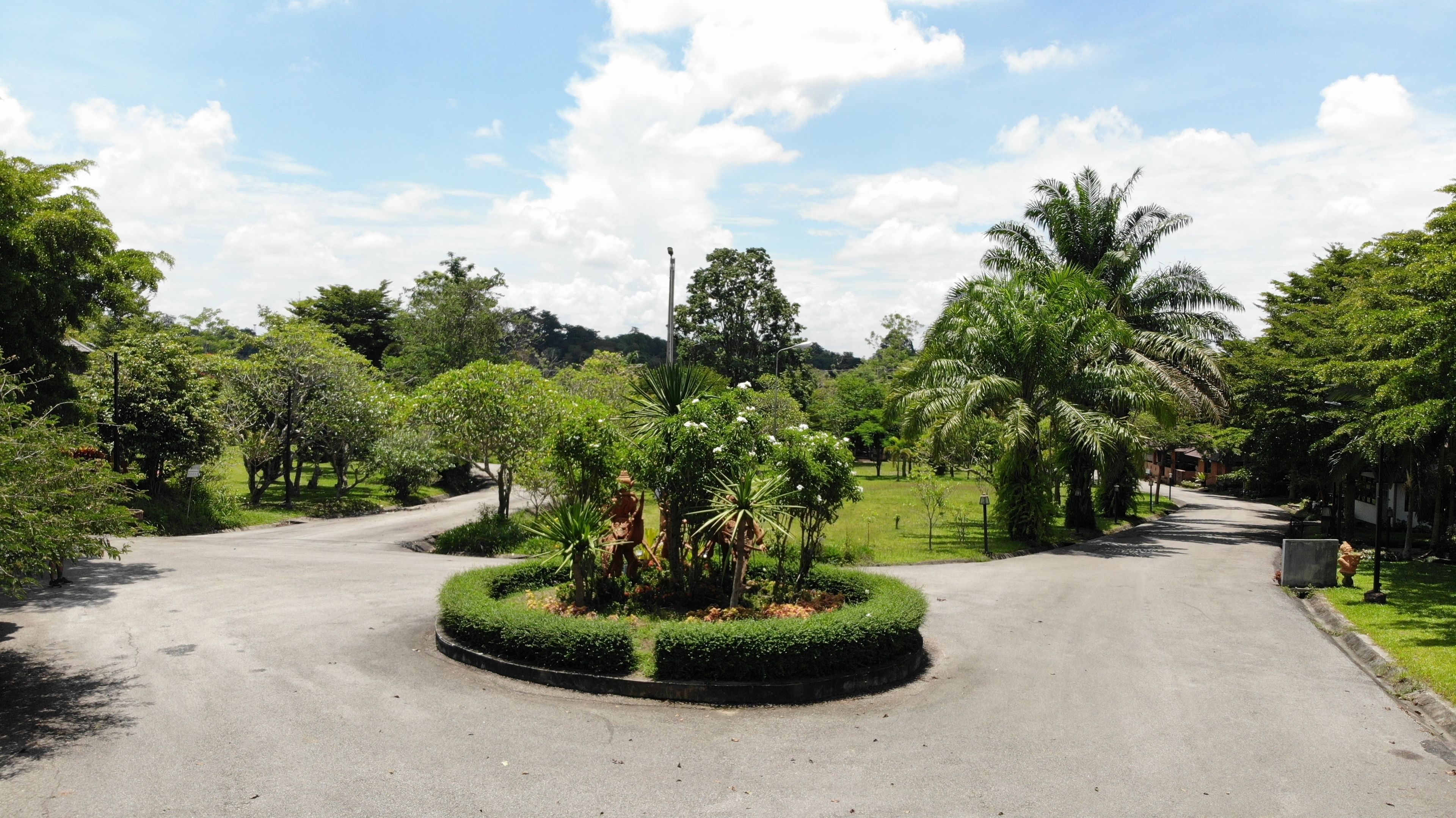 Uma rotatória com um jardim paisagístico no centro, rodeada por árvores e um céu limpo.