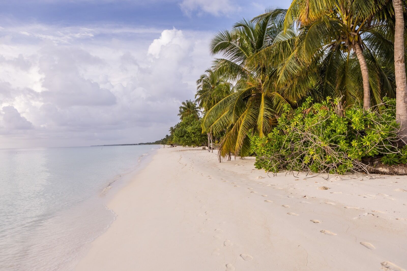 A beach with white sand, palm trees, and a calm sea under a partly cloudy sky.