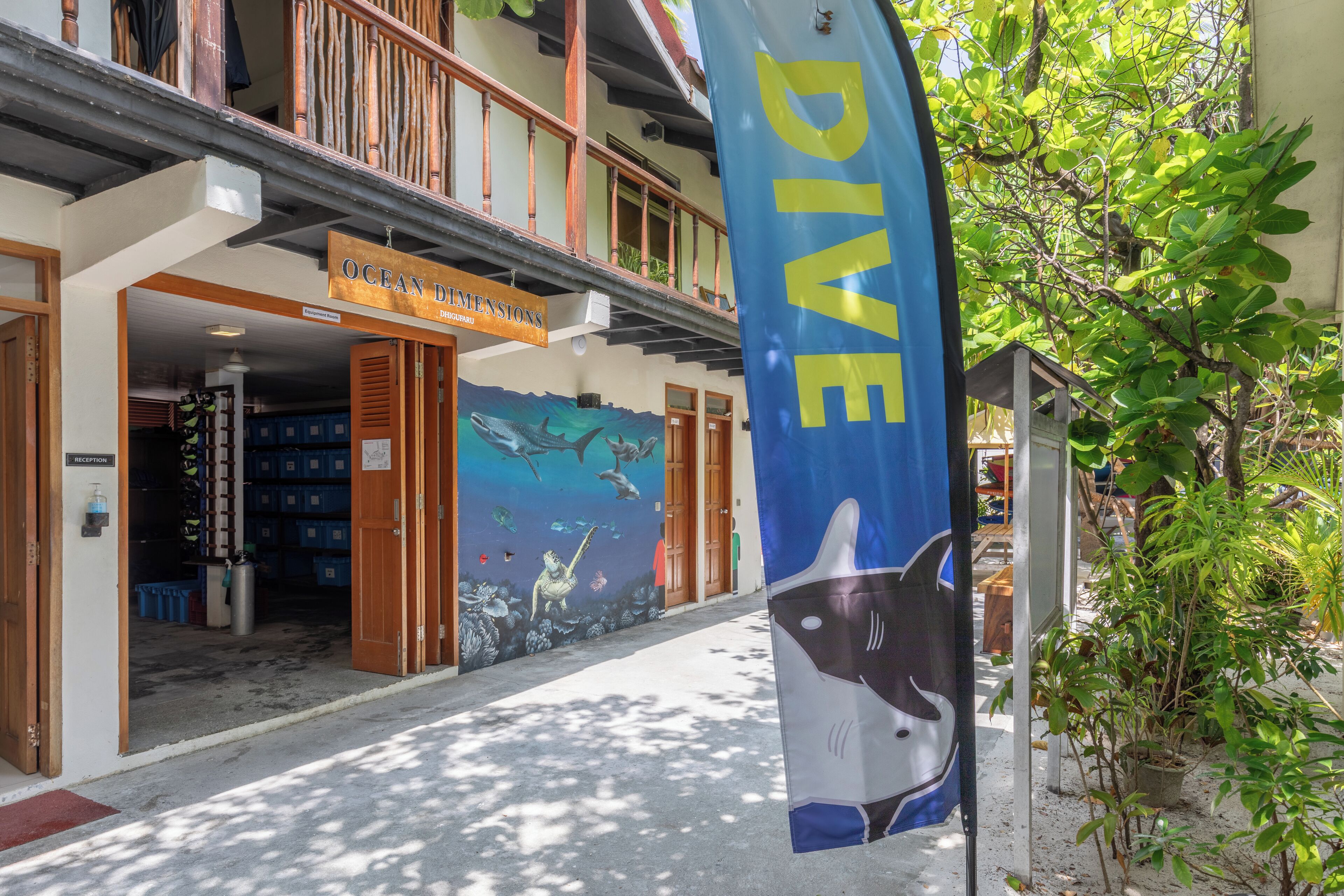 Un edificio con un letrero que dice "Ocean Dimensions Dive" y un mural con vida marina.