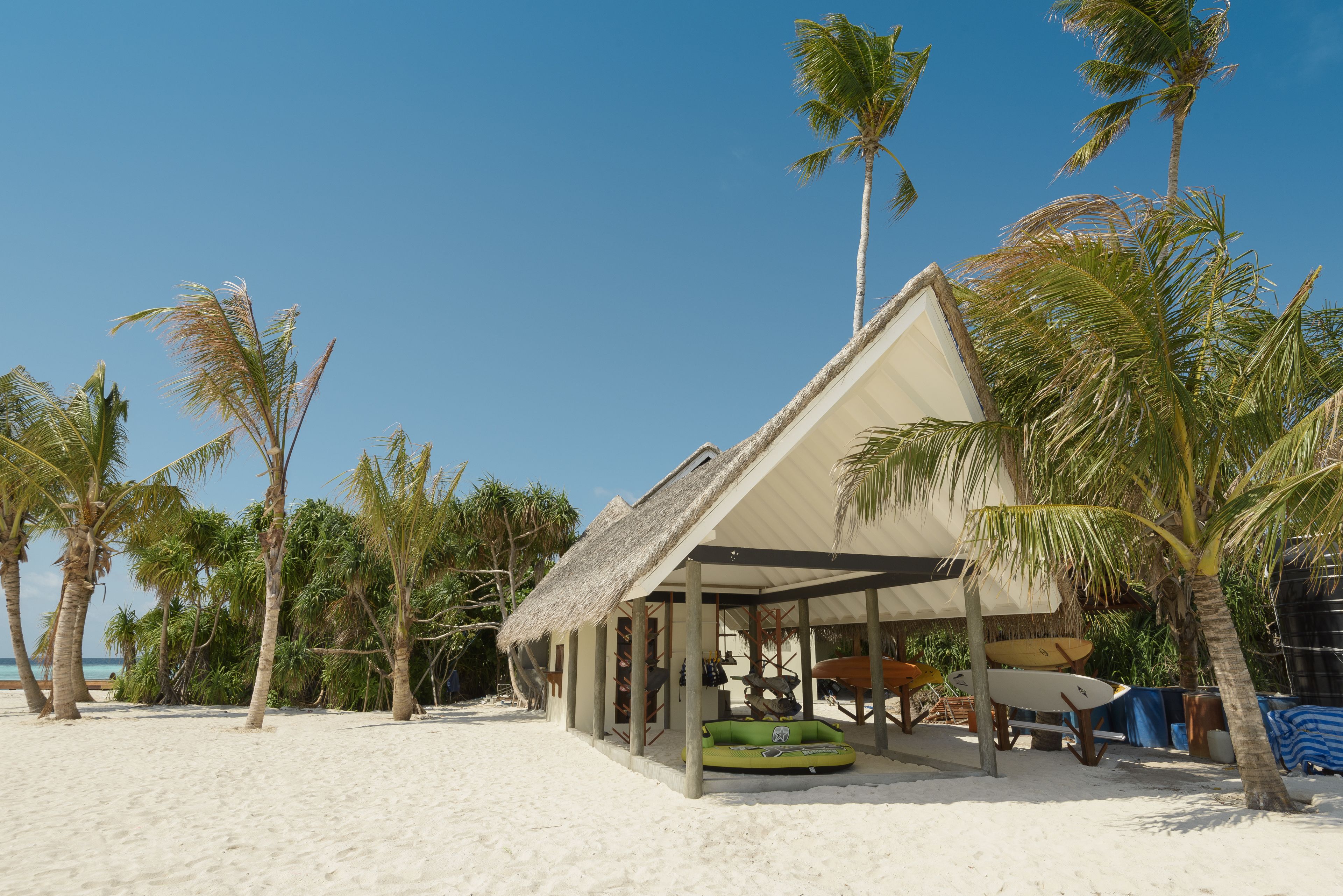 A beach house with a thatched roof, surrounded by palm trees and a sandy beach.