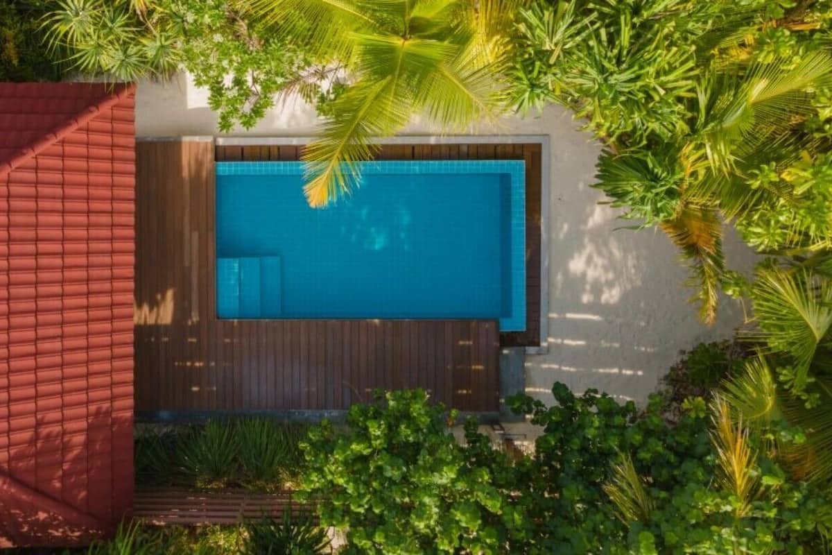 Ein rechteckiger Pool mit einer Holzterrasse, umgeben von tropischer Vegetation unter einem weißen Mauerwerk.