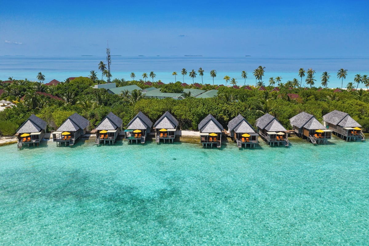Wasserbungalows über türkisfarbenem Wasser, im Hintergrund Palmen.